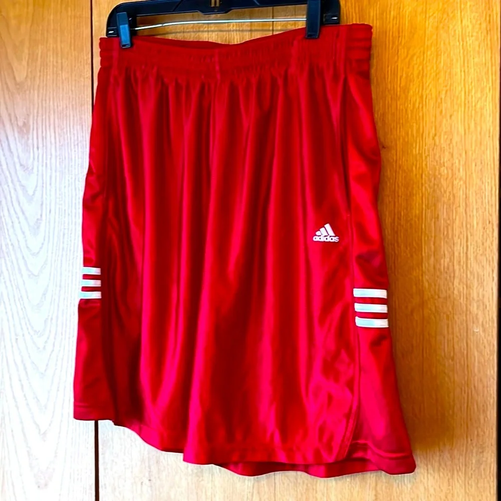 Adidas XL men shiny satin poly basketball athletic shorts red white stripes EUC